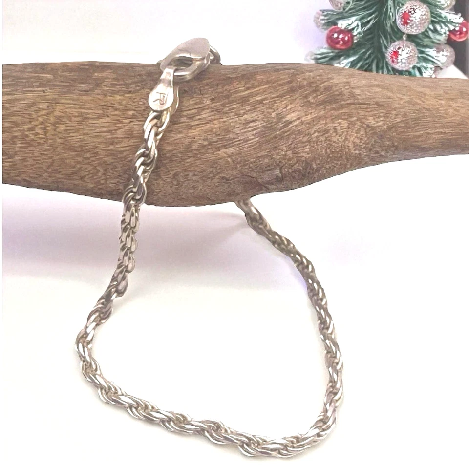 Pulsera de cadena de cuerda de 2 mm de plata de ley 925 italiana de diseño vintage, 7,5" Foto 3 de 4