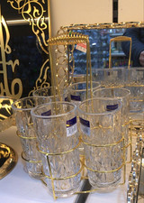 6 x 330ml crystal look Glass Tumblers Water Drinking Glasses  + golden carrier