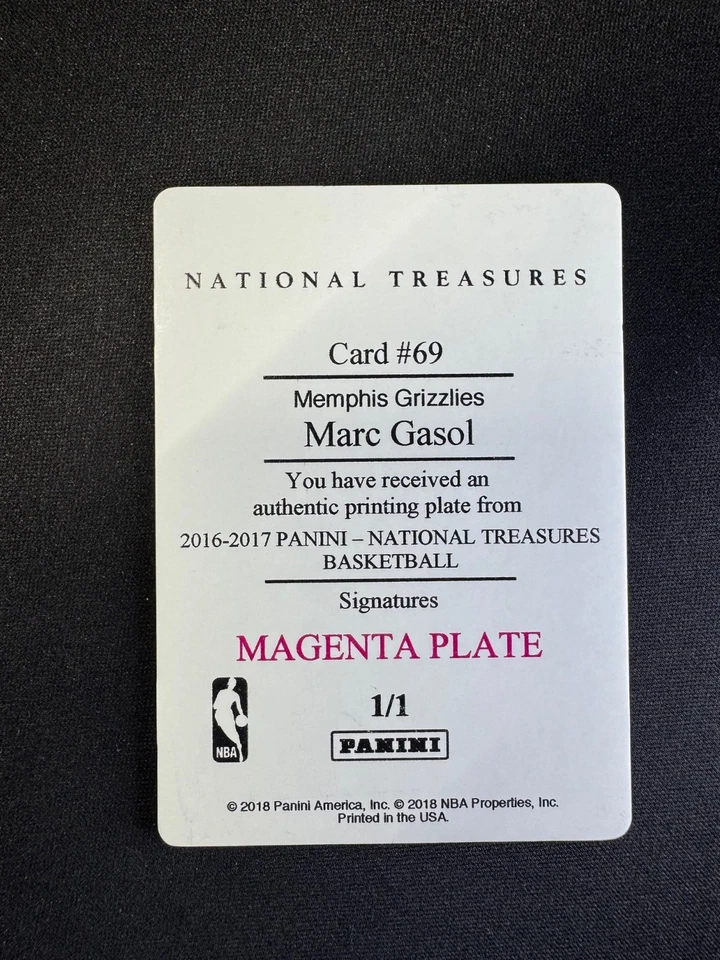 Placa de impresión 2018 National Treasures Marc Gasol magenta #69 Grizzlies #d 1/1 Foto 2 de 2
