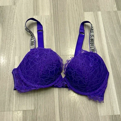 Victoria’s Secret Push-Up BH Lila Violett Spitze Glitzer Träger Gr. 70C / 32C - Bild 1 von 4
