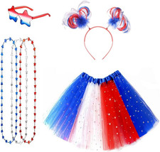 4Th of July Costume Accessories Set for Women, Red White Blue Tutu Skirt, Headba