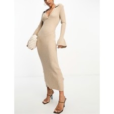 NA-KD Rib Knit Midi Dress Beige Trumpet Sleeve Deep V Neck Bodycon Long Sleeve M