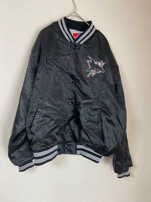 L Size Stadium Jacket Swing Star Rib Border Embroidery Black White Satin