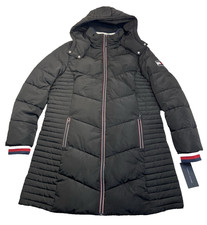 New TOMMY HILFIGER Womens XL Black Insulated Long Puffer Jacket, Detachable Hood
