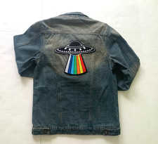 Vintage Y2K Space Denim Jacket UFO Alien Patches Pins 90s Grunge Sz XS/S