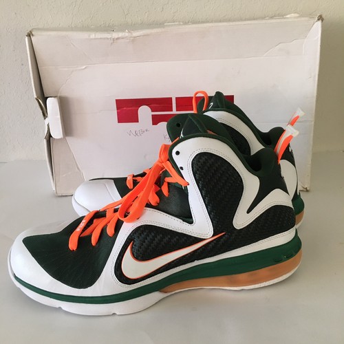 Nike LeBron James 9 Miami Hurricanes White Green Basketball Shoes Size 10.5