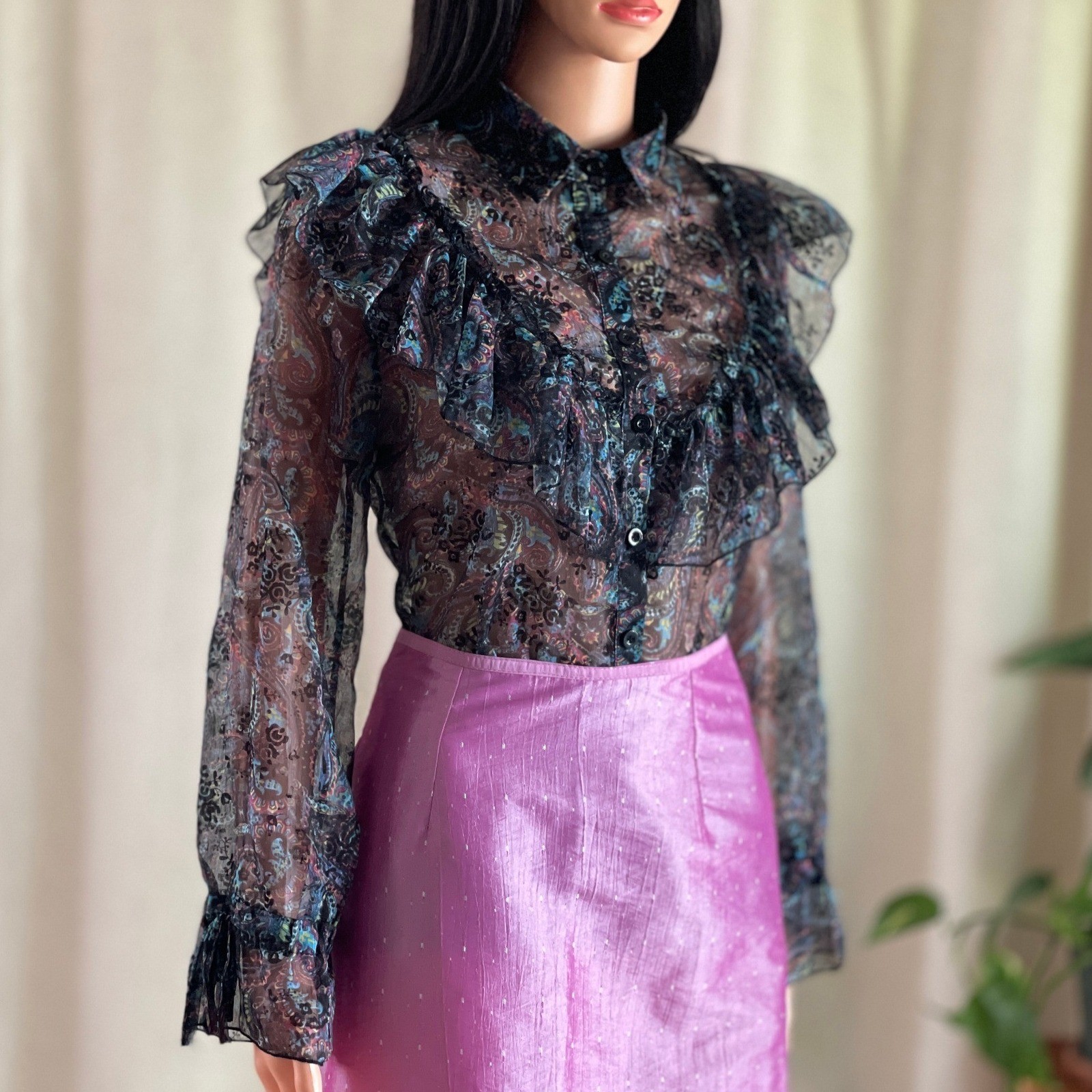 Vintage 80s Sheer Mesh Paisley Ruffle Blouse Victorian Dark Romance Whimsygoth S