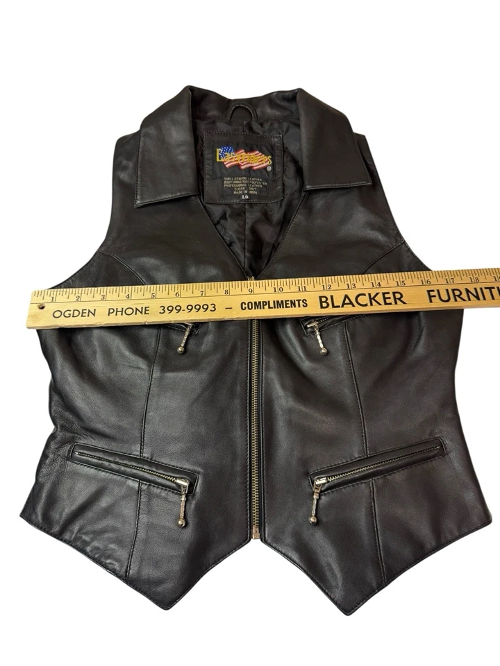 Sz Large Women’s Easy Riders Black Leather Moto Zip Vest Motorcycle READ - Image 3 of 4