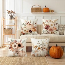 Fall Throw Pillow Covers 18X18 Inch Set of 4, Farmhouse Pumpkin Sunflower Floral