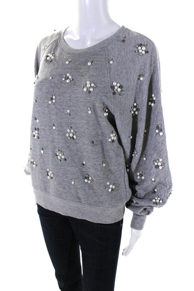 Joie Mujer Algodón Terry Cuentas Manga Larga Cuello Redondo Sudadera Top Gris Talla S Foto 2 de 4