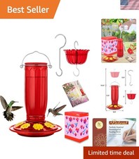 Elegant Hummingbird Feeder with Ant Moat, 8 Ports, 16oz Capacity - Red Glass