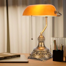 Bankers Lamp with Pull Switch, Amber Glass Desk Lamp with Retro Black/Gold Fi...