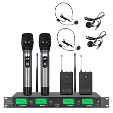 Wireless Microphone System UHF 4 Channel 2 Handheld Mic 2 Headset 2 Lavalier Bod