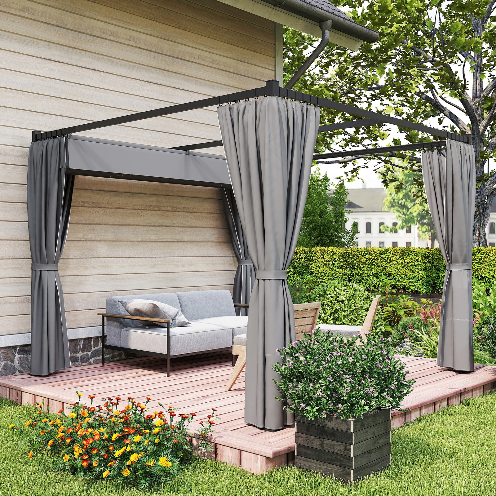 Bobobiy Grey/Light 3 X 3M Moving Canopy Metal Pergola, With Curtains - Image 2