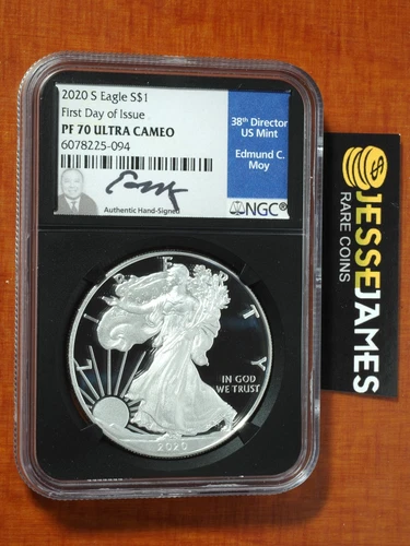 2020 S PROOF SILVER EAGLE NGC PF70 FIRST DAY OF ISSUE FDI EDMUND MOY SIGNED LABL