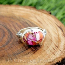 Kingman Pink Dahlia Turquoise 925 Sterling Silver Handmade Ring for Women