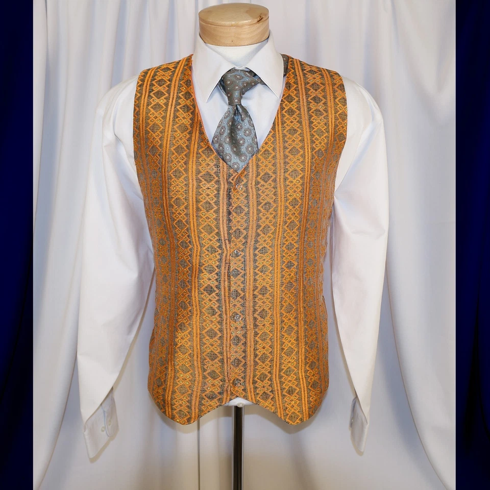 Orange Gold Geometric Polyester Men Formal Waistcoat Vest Size XL - Image 3 of 4