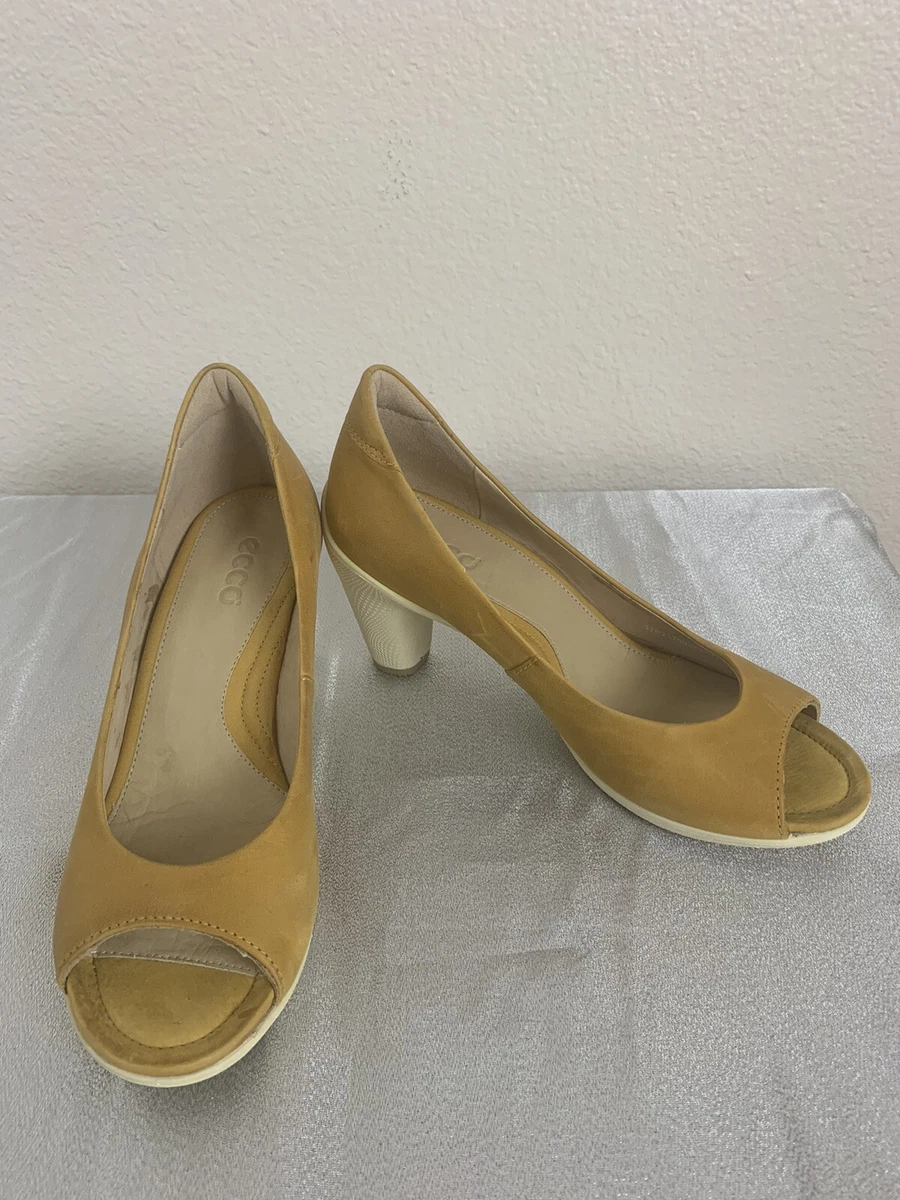 Ecco Mustard Yellow Suede Leather Open Toe Pump Comfort Shoes 37 7 Women