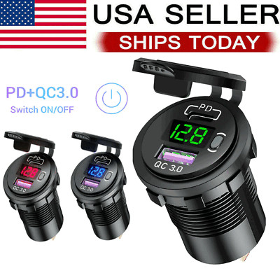 12V QC3.0 Dual USB Car Fast Charger Socket Power Outlet LED Voltmeter Waterproof