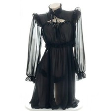 Lady Mesh Sheer Night Dress Long Sleeve Ruffle Lolita See-through Sexy Thong