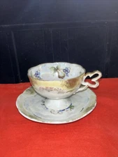 Vintage Yellow Pear & Grapes Pearlized Luster Footed Tea Cup And Saucer Germany?