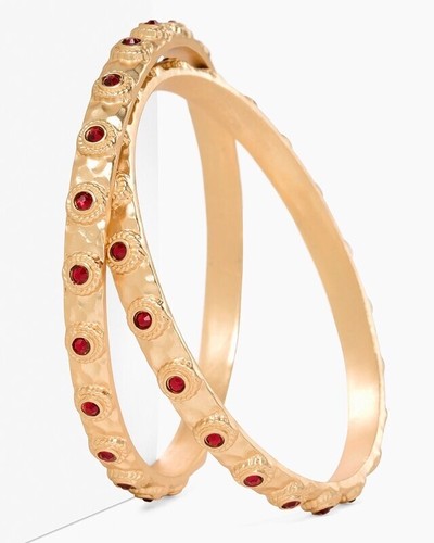 Chico’s Sonia Bangle Set of 2 Bracelet NWT Gold Tone with Red Stone $39