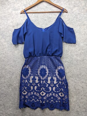 francesca's blue lace dress Francescas Womens Medium Overlay Slit Sleeve Mini Wedding dress