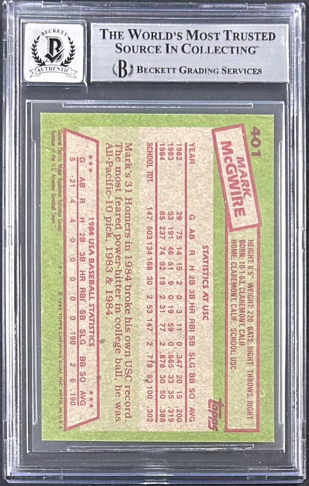 Tarjeta Topps firmada por Mark McGwire 1985 #401 Beckett 17085596 Auto 10 Team EE. UU. Foto 2 de 2