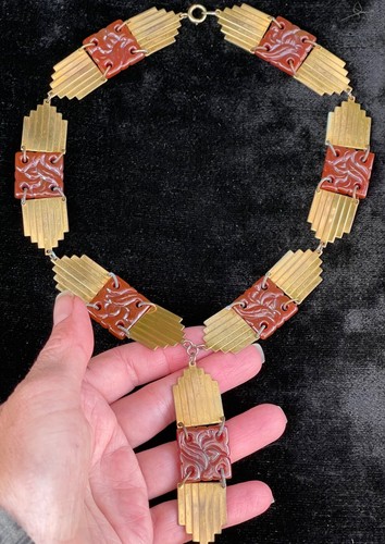 Art Deco antique Molded Czech glass gilt Brass necklace antique jewelry - Picture 23 of 24