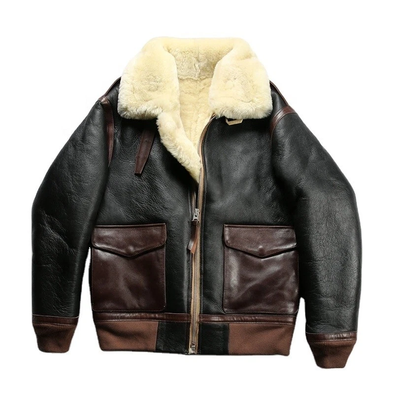 Men's Bomber Aviator Shearling Coat Genuine Leather Jacket Fur Inside