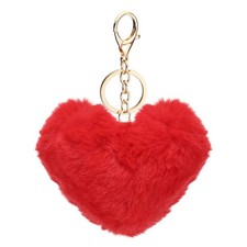 Pom Pom Keychain, 10 cm Soft Cute Fluffy Heart Key Ring, Dark Red