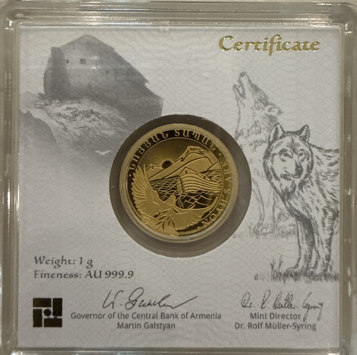 2026 Noah's Ark 100 Dram 1g Gold Coin – Au 999.9, Assay Card