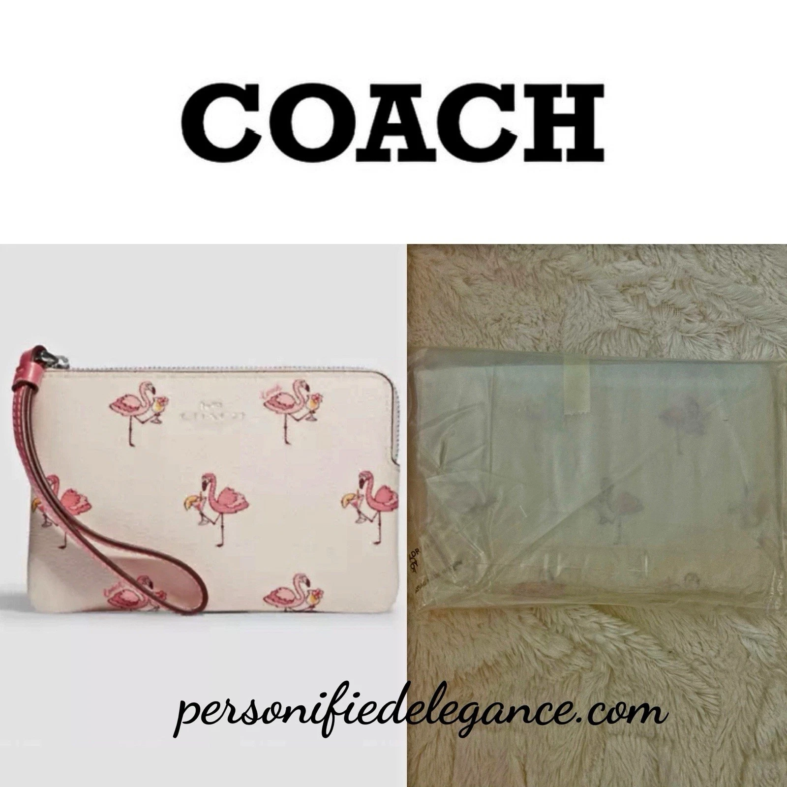 NUOVO Coach Fenicottero Stampa Gesso Rosa Multistrato Tela Angolo Zip Polso