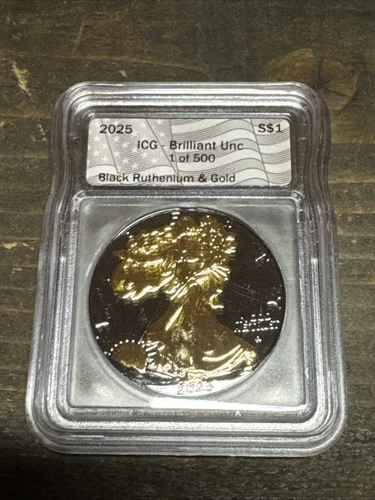 Standing Liberty Dollar Black Ruthenium &Gold Guilded Brilliant Unc ICG 1/500
