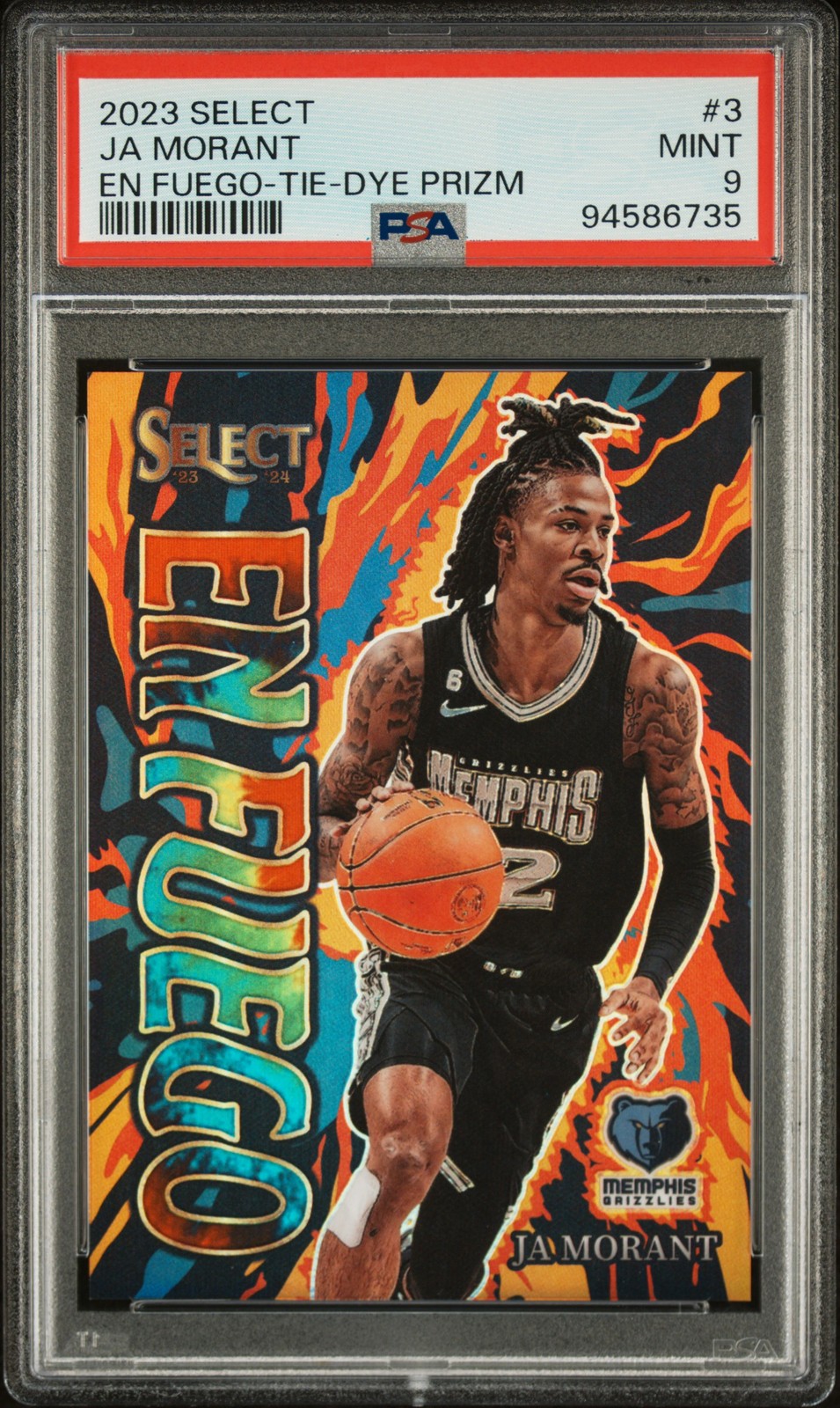 2023 PANINI SELECT EN FUEGO TIE-DYE PRIZM #3 JA MORANT 4/25 PSA 9