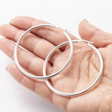 60mm 2 1/4" 3mm Shiny Large Plain Hoop Earrings Real 925 Sterling Silver
