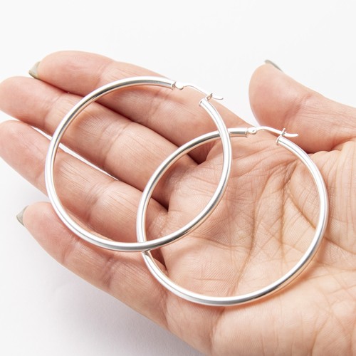 60mm = 2 1/4" 3mm Shiny Large Plain Hoop Earrings Real 925 Sterling Silver