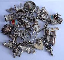 Vintage heavy solid silver charm bracelet &many silver charms, open,move,Kermit