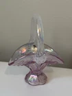 FENTON 5" IRIDESCENT PINK BASKET Spring Easter Glass USA Perfect w Sticker