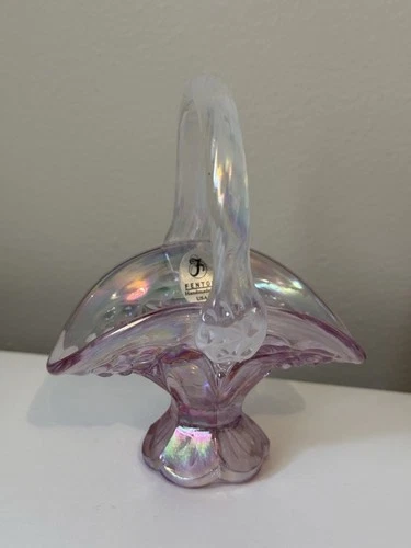 FENTON 5" IRIDESCENT PINK BASKET Spring Easter Glass USA Perfect w Sticker
