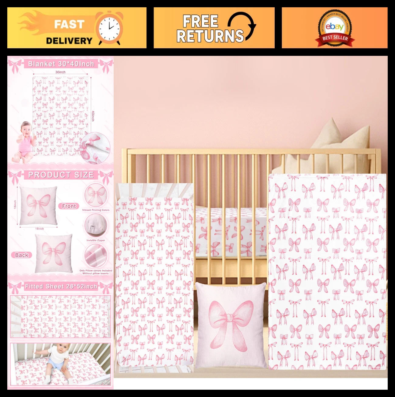 Soft Baby Pink Bow Crib Bedding Set 3 Pcs - Blanket, Fitted Sheet, Pillowcase fo
Opens in a new wind