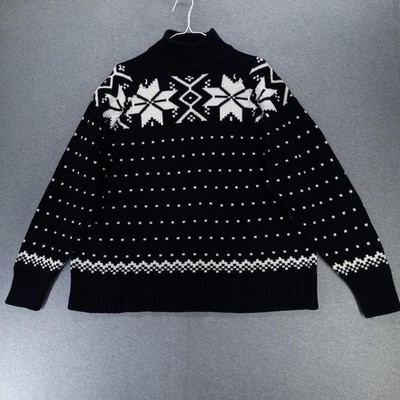 Crystal-Kobe Sweater Womens 2X Black White Nordic Snowflake Knit Pullover Cotton