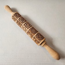 Wood Embossing Rolling Pin Floral Pattern 14 in With Handle Easy Grip Brown