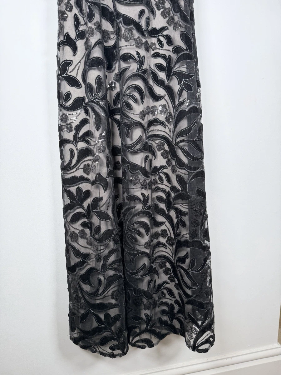 Maxi Vestido Adrianna Papell Negro Desnudo Lentejuelas Terciopelo Adornado Reino Unido 14 Nuevo con Etiquetas