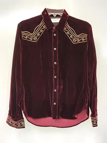 SAINT LAURENT (YSL) Camicia Saint Laurent Paris in velluto rosso bordeaux con ricamo oro nuova mai indossata