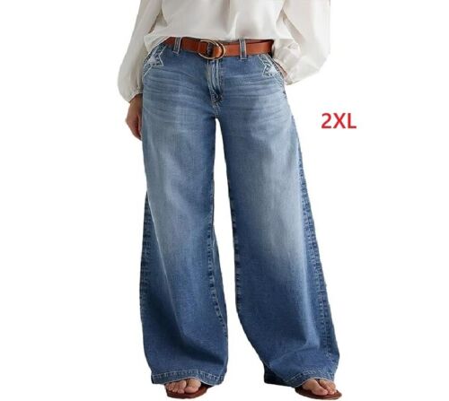 Flamingals Wide Leg Jeans for Women Mid Waist Baggy Stitch Decor Denim Washd 2XL