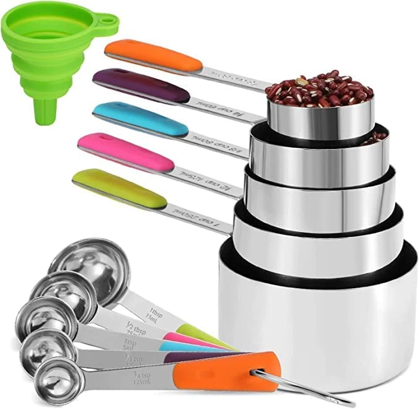 Set 11 tazas medidoras inox + cucharas + embudo cocina.