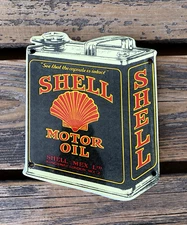 VINTAGE SHELL MOTOR OIL CAN CUTOUT GASOLINE AMERICANA PORCELAIN PUMP PLATE SIGN