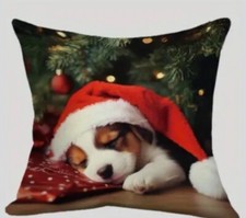 Puppy Santa Holiday Christmas Tree Linen Throw Pillow Cover Holiday Home Decor