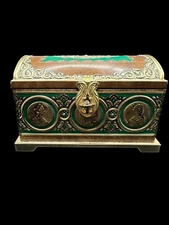 Vintage Harry Vincent Blue Bird Confectionary Tin Treasure Trunk Medallions